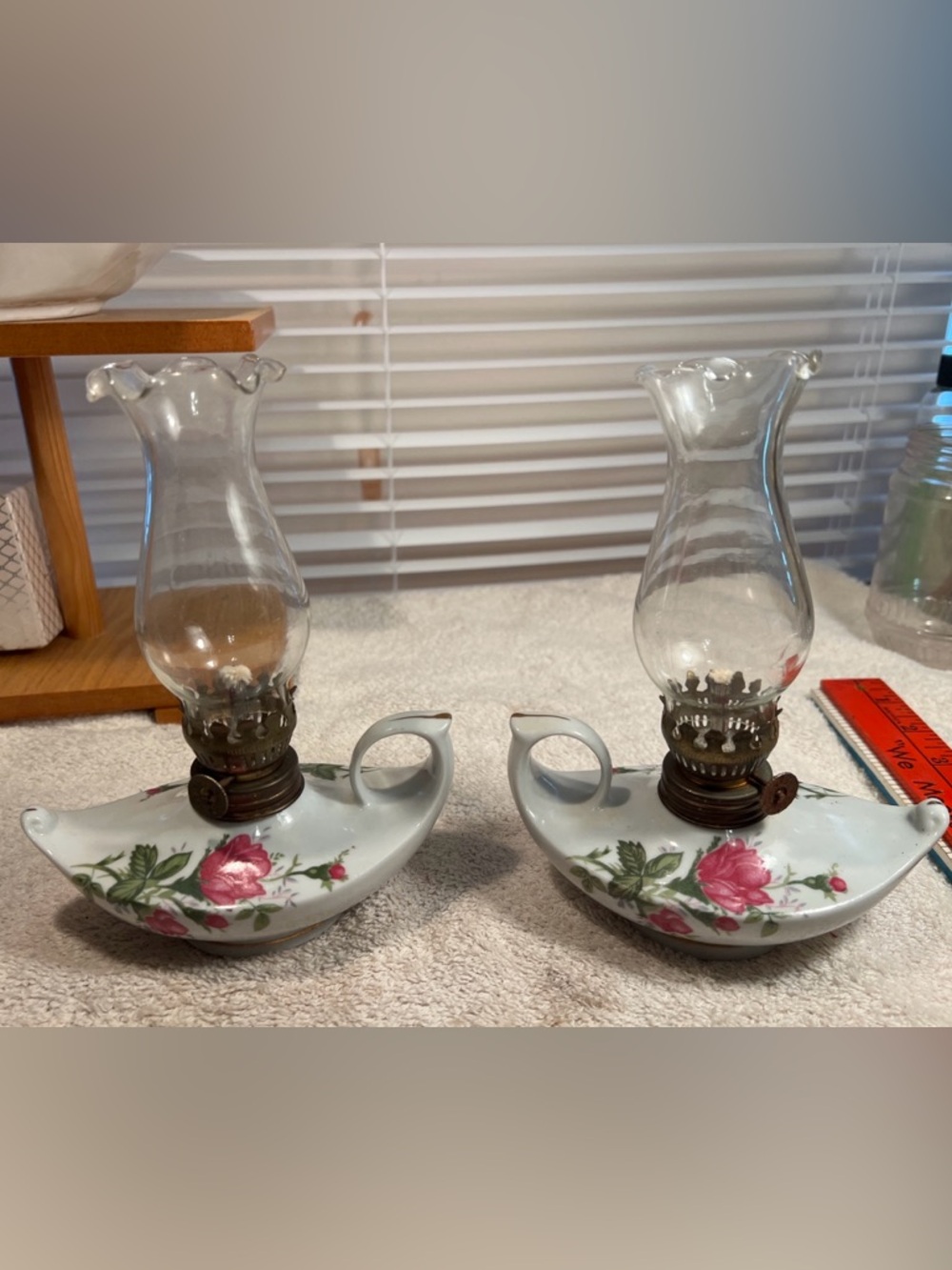 2 Vintage Porcelain Mini Genie-style Oil Lamp W/Ruffled Chimney Roses